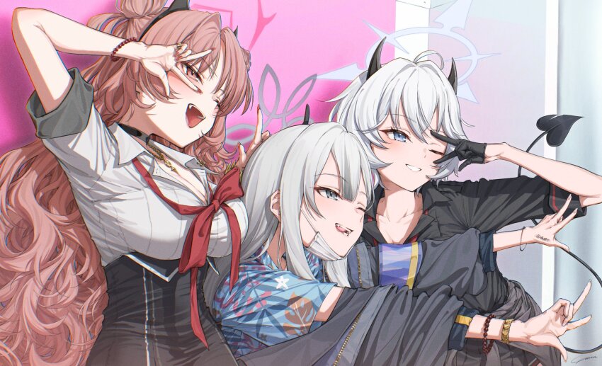 3girls armband black_choker black_gloves black_jacket black_shirt black_skirt blue_archive blue_armband blue_eyes blue_shirt blush choker demon_girl demon_horns demon_tail double_v erika_(blue_archive) fang floral_print from_side gloves grey_eyes grin hair_between_eyes hair_bun high-waist_skirt highres horns jacket kirara_(blue_archive) konoka_(blue_archive) long_hair mask mouth_mask multiple_girls one_eye_closed open_mouth pink_hair red_ribbon ribbon shirt sidelocks skirt sleeves_rolled_up smile surgical_mask tail v white_hair white_mask white_shirt yo_na