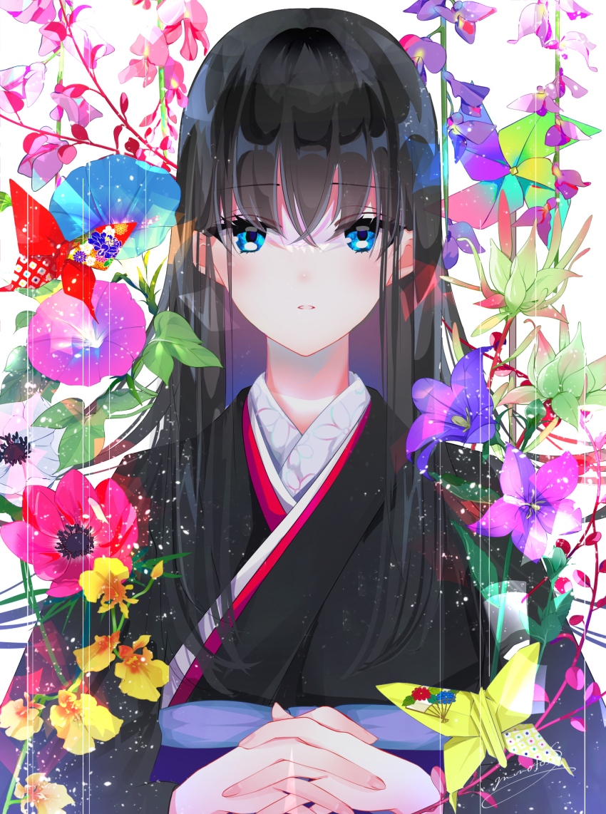 1girl anemone_(flower) bellflower black_hair blue_eyes blue_flower chinese_bellflower commentary_request flower flower_request green_flower highres japanese_clothes kimono long_hair looking_at_viewer mimoto_s morning_glory obi oncidium orchid origami original own_hands_clasped own_hands_together paper_butterfly parted_lips pink_flower purple_flower sash solo straight-on upper_body white_flower yellow_flower