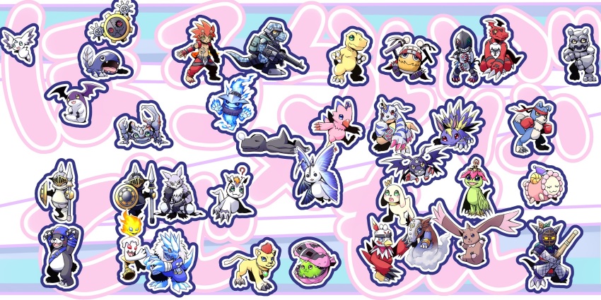 agumon agumon_(black) bakumon bear bearmon blucomon candmon claws commandramon culumon digimon dondokomon dracumon dragon elecmon_(violet) feathers fire flamon gabumon ganimon gaomon ghostmon gomamon gottsumon guilmon hagurumon hawkmon highres kotemon lance liollmon lopmon morphomon otamamon palmon pawnchessmon_(black) pawnchessmon_(white) picodevimon pillomon piyomon plotmon polearm shakomon smile strabimon tukaimon weapon