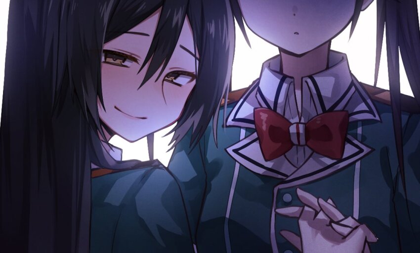 2girls black_hair bow bowtie brown_eyes chikuma_(kancolle) chikuma_kai_ni_(kancolle) collared_shirt dress_shirt green_jacket head_out_of_frame holding_hands jacket kantai_collection long_hair looking_at_viewer military_uniform multiple_girls red_bow red_bowtie shirt simple_background tone_(kancolle) tone_kai_ni_(kancolle) tsumikitsuki_(katsuobushi) upper_body white_background white_shirt