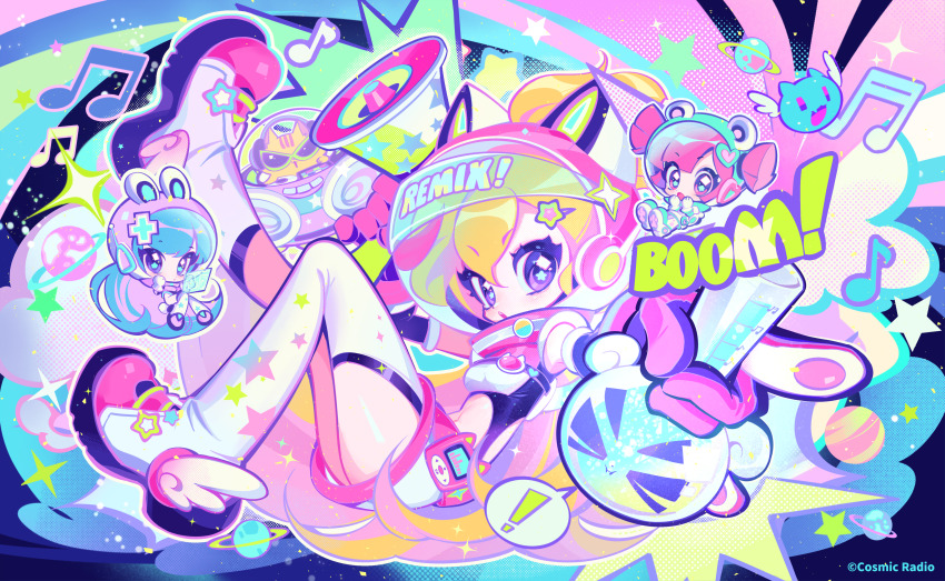 ! 3girls absurdres animal animal_ear_headwear animal_ears beaker beamed_eighth_notes beamed_sixteenth_notes bear_ears blonde_hair blue_hair boots breasts buro_(muse_dash) cat cat_ears chibi colorful copyright_notice digital_media_player dj eighth_note fake_animal_ears fake_tail full_body gloves green_helmet hair_between_eyes hair_ornament hairclip headphones heart helmet highres holding holding_beaker holding_megaphone long_hair looking_at_viewer marija_(muse_dash) megaphone midriff multicolored_hair multiple_girls muse_dash musical_note navel neon_palette nori_jooy official_art open_mouth petite pink_eyes pink_hair pink_helmet planet ponytail psd_available purple_eyes purple_helmet rabbit_ears rabbit_tail rin_(muse_dash) short_hair short_twintails single_thigh_boot small_breasts space space_helmet spacesuit sparkle spoken_exclamation_mark star-shaped_pupils star_(symbol) star_hair_ornament streaked_hair sunglasses symbol-shaped_pupils tail thigh_boots twintails two-tone_hair ufo very_long_hair white_boots white_gloves winged_boots