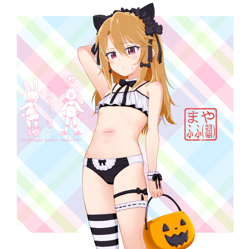 1girl animal_ears arm_behind_head arm_up bare_shoulders bikini black_bikini black_bow blush_stickers bow brown_hair closed_mouth commentary_request fake_animal_ears gothic_lolita hair_between_eyes halloween_bucket highres holding idolmaster idolmaster_cinderella_girls lolita_fashion long_hair looking_at_viewer mayafufu navel red_eyes side-tie_bikini_bottom single_thighhigh small_sweatdrop solo striped_clothes striped_thighhighs sweat swimsuit thighhighs yuuki_haru