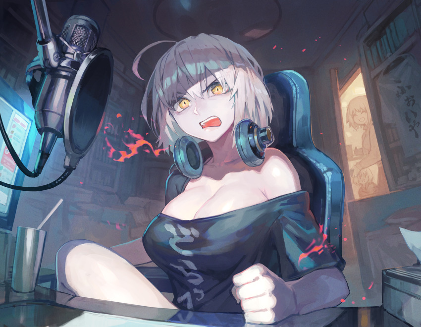 3girls :d ^_^ ahoge bare_shoulders breasts chair cleavage closed_eyes cup drinking_straw fate/grand_order fate_(series) fire headphones headphones_around_neck highres jeanne_d&#039;arc_(fate) jeanne_d&#039;arc_alter_(fate) jeanne_d&#039;arc_alter_santa_lily_(fate) lack large_breasts livestream looking_at_viewer microphone monitor multiple_girls off-shoulder_shirt off_shoulder open_mouth pale_skin shirt short_hair sitting smile teeth tissue_box white_hair yellow_eyes