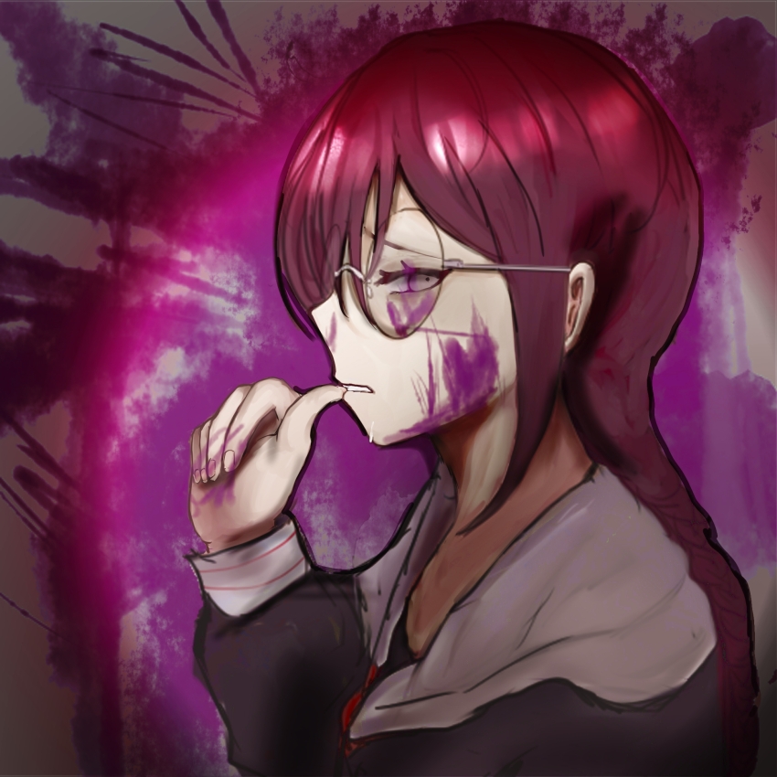 1girl biting biting_own_thumb black_shirt blood blood_on_eyewear blood_on_face blood_on_hands blood_on_wall blood_splatter crying danganronpa:_trigger_happy_havoc danganronpa_(series) eyelashes from_side fukawa_toko glasses hand_up highres long_hair purple_hair round_eyewear sailor_collar school_uniform serafuku shirt solo upper_body user_kunr3787 white_sailor_collar