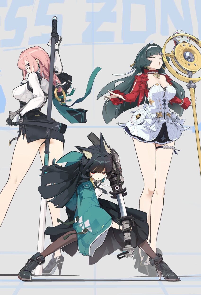 3girls :o absurdres animal_ear_fluff animal_ears aqua_jacket arm_armor arm_behind_head arm_up astra_yao black_dress black_gloves black_hair black_necktie black_ribbon black_skirt blunt_bangs blunt_ends breasts brown_pantyhose closed_eyes commentary_request dress fingerless_gloves floating_hair fox_ears fox_girl frilled_dress frilled_sleeves frills full_body glasses gloves hair_intakes hair_ribbon hairband high_heels highres holding holding_sword holding_weapon hoshimi_miyabi jacket katana long_hair long_skirt long_sleeves looking_at_viewer looking_back medium_breasts microphone miniskirt multicolored_dress multiple_girls music naginata necktie open_mouth pantyhose parted_lips pearl_choker pink_eyes pink_hair polearm ponytail pose_request red_dress red_eyes ribbon rimeye ring_hair_ornament semi-rimless_eyewear sheath shirt short_dress singing single_fingerless_glove skirt standing straight_hair sword thigh_strap tsukishiro_yanagi unfinished unsheathing very_long_hair weapon white_dress white_hairband white_ribbon white_shirt wide_sleeves zenless_zone_zero
