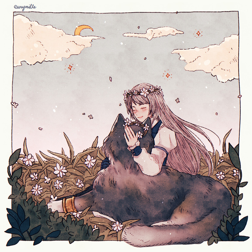 1girl bracer closed_eyes cloud crescent_moon dog eurymille final_fantasy final_fantasy_xvi flower gloves grass grey_fur grey_hair hair_flower hair_ornament head_wreath highres jill_warrick long_hair moon plant single_glove smile torgal_(ff16)