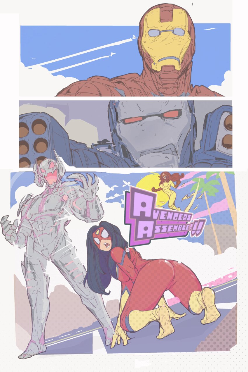 1girl 2girls absurdres animal_print armor ass avengers_(series) black_hair bodysuit breasts grey_armor highres iron_man iron_man_(series) jessica_drew long_hair looking_at_viewer marvel mask michel_teru multicolored_armor multiple_girls power_armor red_armor red_bodysuit spider-man_(series) spider-woman spider_print superhero_costume two-tone_bodysuit ultron war_machine