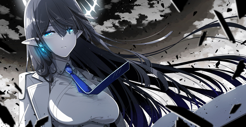1girl black_hair blue_archive blue_eyes blue_necktie breasts closed_mouth collared_dress dress earrings glasses jacket jewelry large_breasts long_hair necktie pointy_ears rin_(blue_archive) sakuraba_yuuki solo upper_body white_dress white_jacket