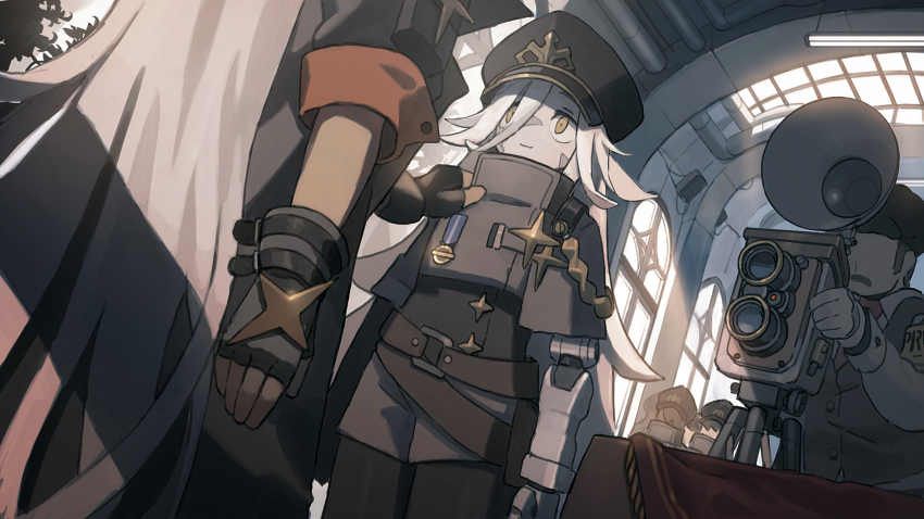 2girls alchemy_stars arms_at_sides belt black_coat camera ceiling_light closed_mouth coat commentary_request fingerless_gloves gloves grey_hair hand_on_another&#039;s_shoulder hat highres indoors industrial_pipe korean_commentary long_hair mechanical_arms medal multiple_girls pale_skin peaked_cap people prosthesis prosthetic_arm reinhardt_(alchemy_stars) revy_(alchemy_stars) single_mechanical_arm standing table tripod twin-lens_reflex_camera uniform whitebear yellow_eyes