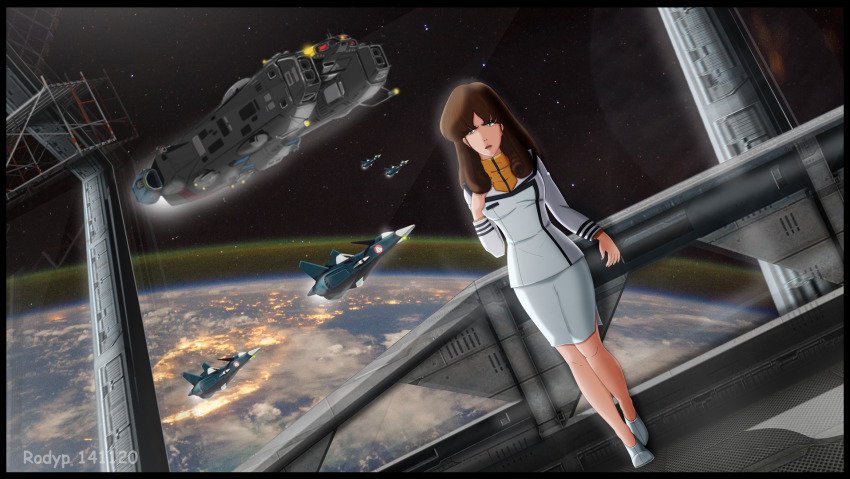 1980s_(style) 2020 armd brown_hair canards cannon choujikuu_yousai_macross cloud dated drone dutch_angle earth_(planet) energy_cannon ghost_drone glowing hayase_misa highres holding holding_own_hair leaning_back lights long_hair machinery macross macross:_do_you_remember_love? mecha military military_uniform ocean official_style oldschool orbit photo_background planet qf-3000e resting retro_artstyle robot robotech rodypaxten roundel science_fiction sdf-1 shoes signature skirt space spacecraft spacecraft_interior spanish_commentary starfighter thrusters u.n._spacy water window