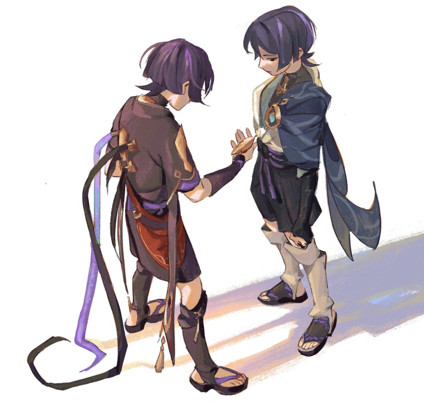 1boy absurdres blue_hair bridal_gauntlets cable closed_mouth commentary dual_persona english_commentary feathers from_behind from_side genshin_impact hair_between_eyes highres holding holding_feather japanese_clothes jewelry looking_at_object looking_down multicolored_hair pendant purple_hair scaramouche_(genshin_impact) shade shadow short_hair simple_background standing streaked_hair toes vision_(genshin_impact) wanderer_(genshin_impact) white_background zurka_durka