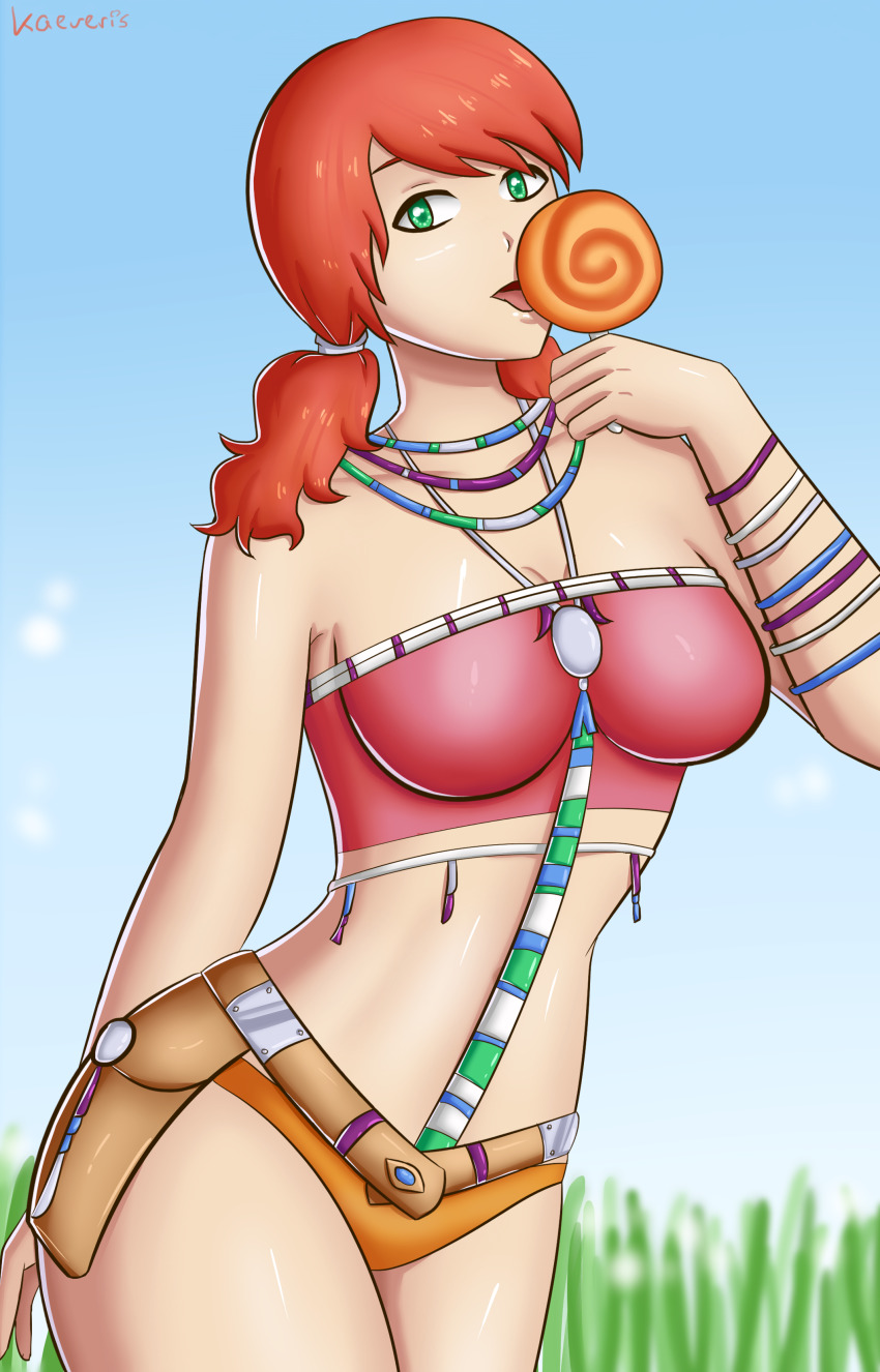 1girl absurdres artist_name belt blue_sky bracelet breasts candy covered_navel crop_top final_fantasy final_fantasy_xiii food green_eyes highres holding holding_food jewelry kaeveris large_breasts licking_food lollipop long_hair looking_at_viewer midriff navel oerba_dia_vanille orange_hair orange_panties panties pouch sky sleeveless solo twintails underwear upper_body