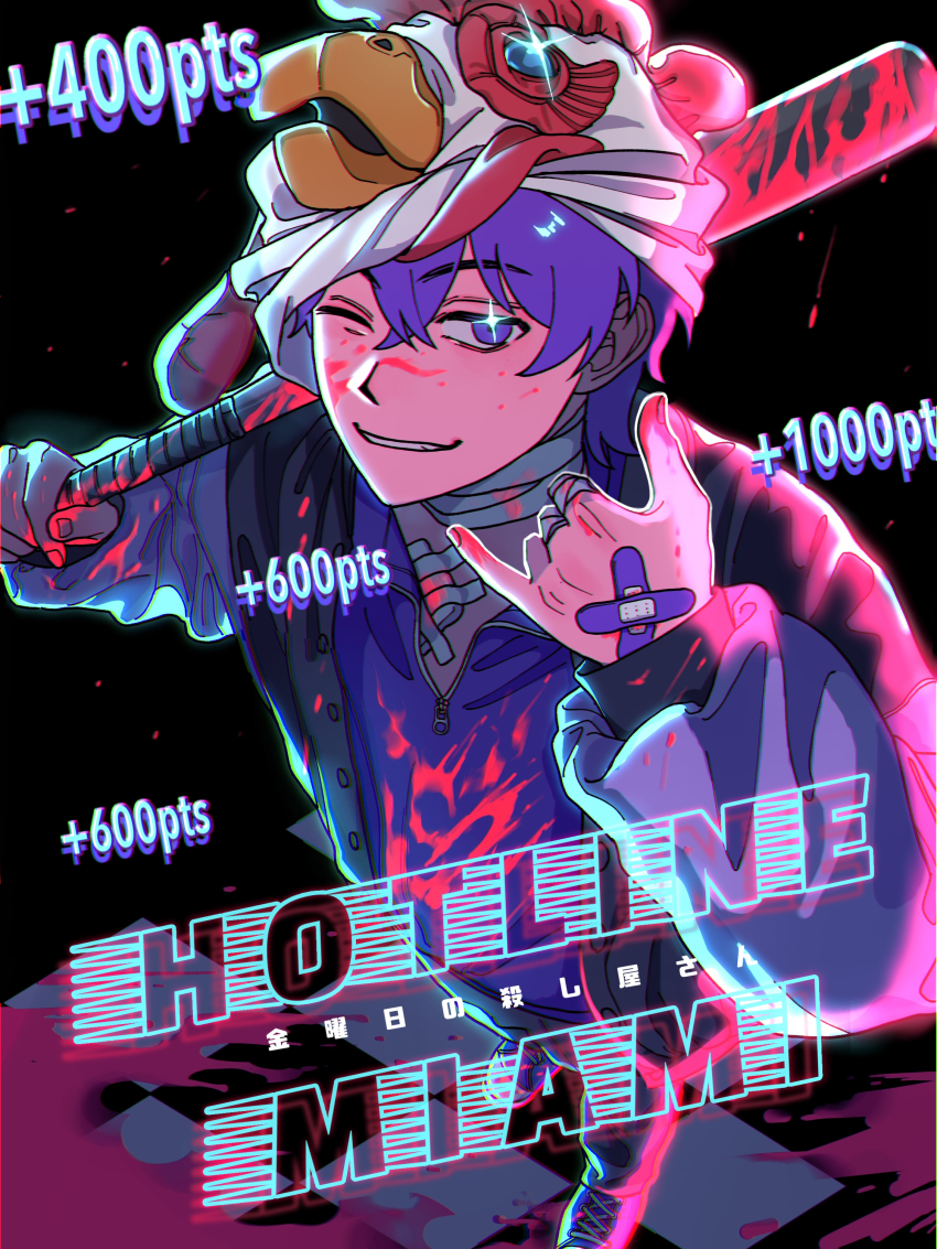 +_+ 1boy absurdres bandaged_fingers bandaged_neck bandages bandaid bandaid_on_hand baseball_bat black_background black_jacket black_pants blood blood_on_clothes blood_on_face blood_on_hands blood_splatter bloody_weapon checkered_floor chicken_mask commentary_request copyright_name cosplay crossed_bandaids crossed_bangs from_above full_body gauze_on_chest glint grin hair_between_eyes highres holding holding_baseball_bat hotline_miami jack-o&#039;_ran-tan jacket jacket_(hotline_miami) jacket_(hotline_miami)_(cosplay) letterman_jacket looking_at_viewer looking_up male_focus mask mask_on_head napoli_no_otokotachi one_eye_closed open_clothes open_jacket over_shoulder pants polo_shirt purple_eyes purple_hair purple_shirt shaka_sign shirt shoes short_hair sidelighting smile sneakers solo standing translation_request weapon weapon_over_shoulder white_sleeves za_(sametapizza_)