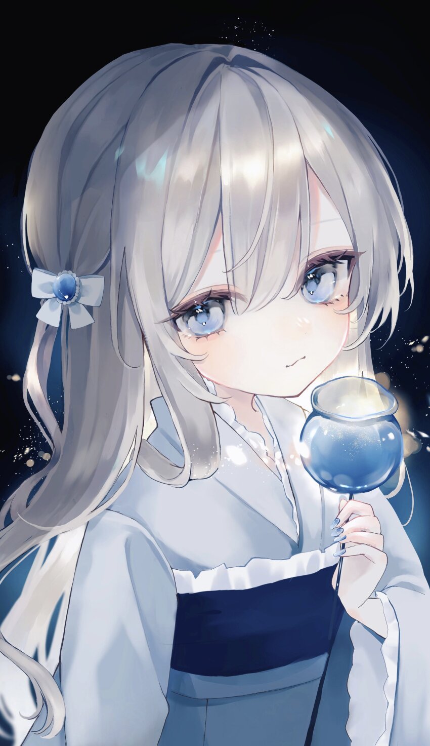 1girl absurdres ao_marumaru0720 blue_eyes blue_kimono blue_sash blush bow closed_mouth eyes_visible_through_hair fur_collar fur_trim hair_between_eyes hair_ribbon highres holding holding_candy_apple japanese_clothes kimono light_smile long_hair looking_at_viewer obi original ribbon sash sky solo star_(sky) starry_sky upper_body very_long_hair