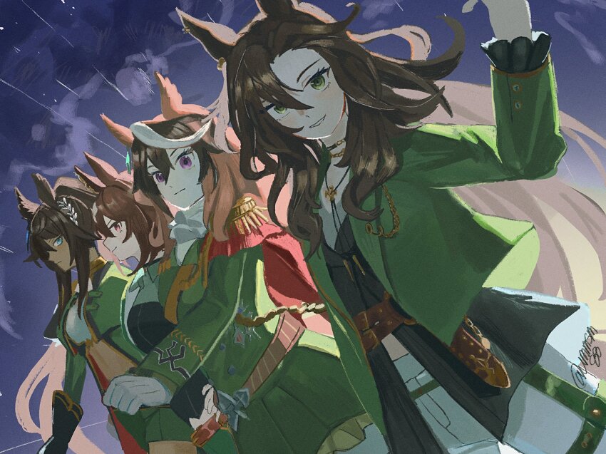 4girls animal_ears ascot belt black_shirt blue_eyes brown_hair cape chain closed_mouth cowboy_shot dutch_angle ear_ornament epaulettes flipped_bangs fringe_trim gold_chain green_eyes green_jacket hair_between_eyes hand_up highres horse_ears horse_girl jacket jewelry long_hair long_sleeves midriff_peek multicolored_hair multiple_girls necklace night night_sky pants parted_lips purple_eyes red_cape red_eyes shirt signature sirius_symboli_(umamusume) sky smile speed_symboli_(umamusume) standing streaked_hair symboli_family_(umamusume) symboli_kris_s_(umamusume) symboli_rudolf_(umamusume) tsurime umamusume ummsm_88 white_ascot white_hair white_pants