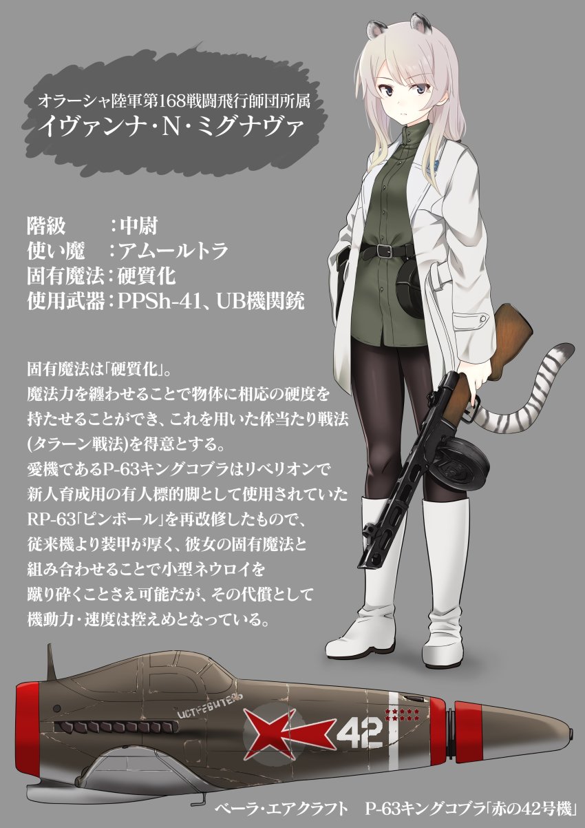 1girl a9b_(louis814) absurdres aircraft airplane animal_ears belt black_belt blue_eyes boots closed_mouth coat commentary_request drum_magazine grey_jacket gun high_collar highres holding holding_gun holding_weapon jacket knee_boots long_hair looking_at_viewer machine_gun magazine_(weapon) military military_uniform military_vehicle no_pants open_clothes open_coat original pantyhose pouch ppsh-41 red_star silver_hair smile solo standing star_(symbol) striped_tail submachine_gun tail thompson_submachine_gun tiger_ears tiger_tail translation_request weapon white_boots white_coat world_witches_series