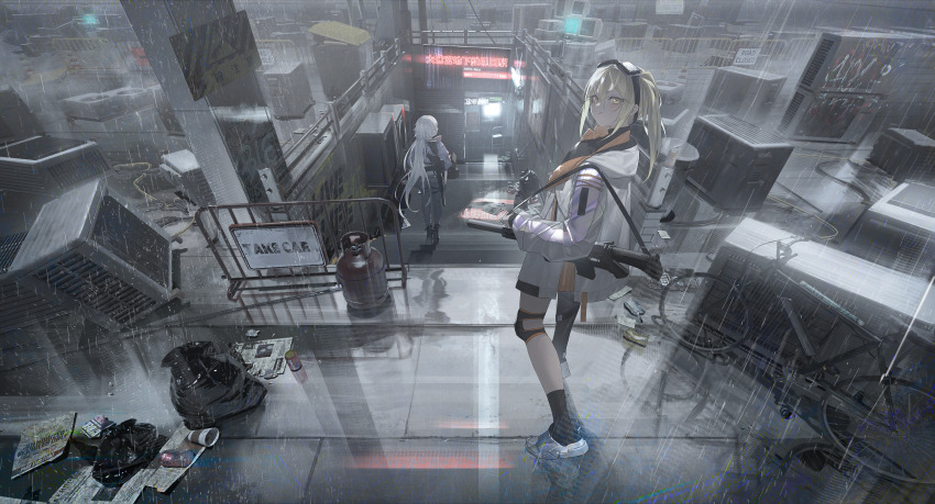 2girls absurdres ar-15 bicycle blonde_hair boots city cityscape closed_mouth commentary english_commentary goggles goggles_on_head grey_pants gun hair_between_eyes highres holding holding_gun holding_weapon jacket knee_pads long_hair long_sleeves looking_at_viewer looking_back multiple_girls neon_lights orange_eyes original pants rain reflection rifle road_sign shoes short_hair sign socks stairs standing tmt trash_bag very_long_hair walking weapon white_hair