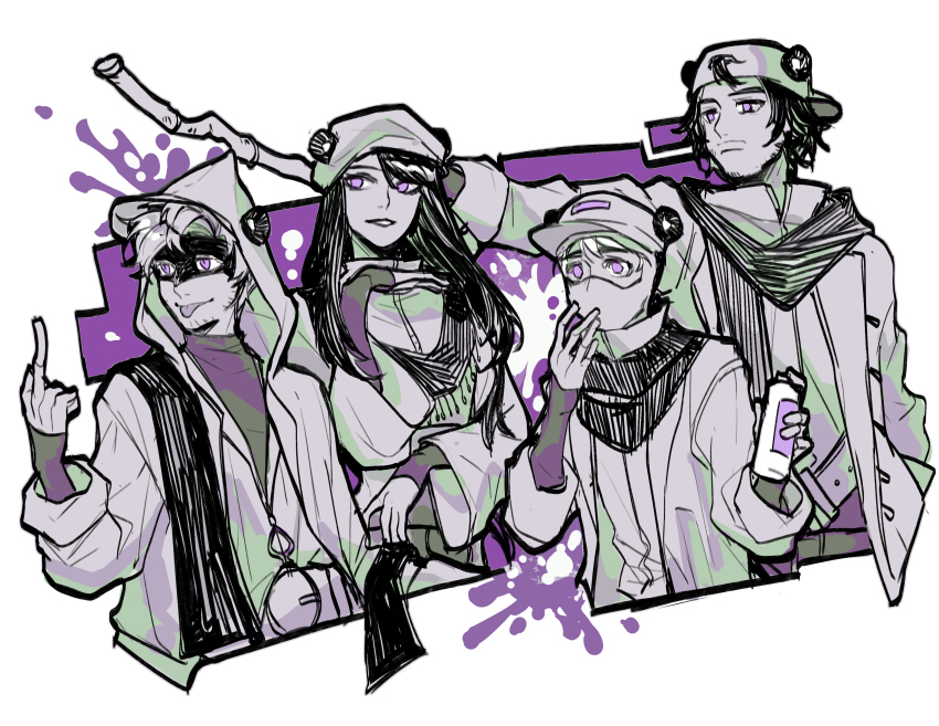 1girl 3boys absurdres alternate_costume animal_ears animal_hat balaclava border chinese_commentary commentary_request dropsbyponk fake_animal_ears hat highres kara_corvus krtzy long_hair male_focus mc_championship middle_finger minecraft_youtube multiple_boys panda_ears purple_theme sketch sneegsnag splatter spot_color tongue tongue_out tttttaniaaaaa white_border