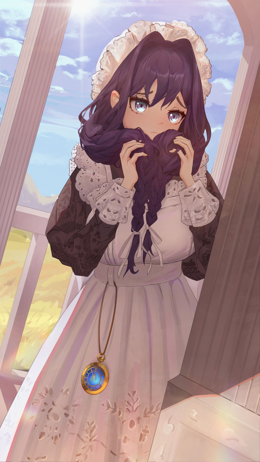 1girl absurdres apron black_dress black_hair blue_eyes blue_sky closed_mouth day dress grabbing_own_hair hair_intakes hair_ribbon hat highres holding holding_own_hair hololive hololive_english long_hair looking_at_viewer maid_apron mob_cap official_alternate_costume official_alternate_hairstyle ouro_kronii ouro_kronii_(maid) pocket_watch ribbon sky solo sun thienk virtual_youtuber watch white_apron white_ribbon
