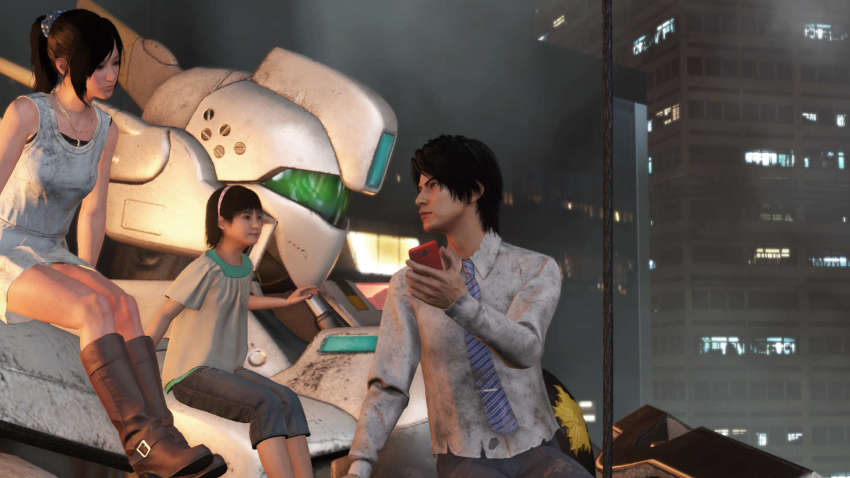 1boy 2girls av-98_ingram breasts building city city_shrouded_in_shadow giant_robot granzella headgear_(manga_company) highres jewelry kidou_keisatsu_patlabor kouno_yuki mecha misaki_ken multiple_girls necklace night phone reflection robot selfie shogakukan small_breasts yamamura_miho
