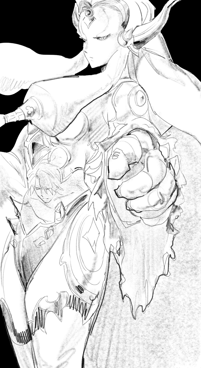 1girl cowboy_shot grand_yuria grimms_notes horns mirror_plate_fiend_(grimms_notes) monochrome monster_girl solo