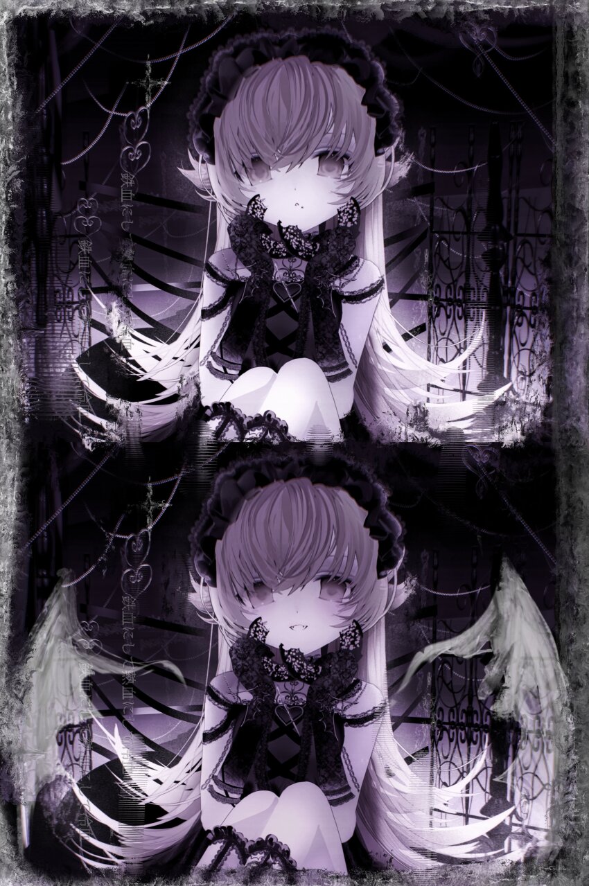 absurdres babydoll black_babydoll black_gloves black_leggings blonde_hair blurry blush_stickers border brooch candle chaise_longue chocolate_donut closed_mouth demon_wings detached_leggings donut dot_nose drawn_wings dual_wielding expressionless fangs flat_chest flipped_hair food food_on_face frilled_hairband frills gloves grey_eyes grey_theme hair_between_eyes hair_flaps hairband hands_up heart heart_brooch highres holding holding_food indoors jewelry knees_up lace lace-trimmed_gloves lace-trimmed_leggings lace_trim leggings legs_together light_blush long_hair monogatari_(series) multiple_views open_mouth ornate_border oshino_shinobu railing ringed_eyes sidelocks smile upper_body very_long_hair wings x_yo_1