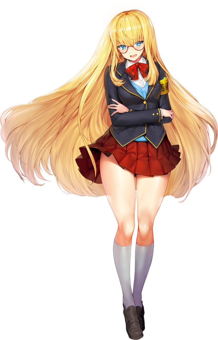 1girl aqua_cardigan armband black_jacket black_shoes blonde_hair blue_eyes blush buttons cardigan cardinal_armand crossed_arms full_body game_cg glasses highres jacket japanese_text kneehighs last_origin loafers long_hair miniskirt neck_ribbon official_alternate_costume official_art open_mouth pleated_skirt red-framed_eyewear red_ribbon red_skirt ribbon round_eyewear school_uniform shirt shoes sidelocks skirt snowball22 socks solo tachi-e thick_thighs thighs transparent_background very_long_hair white_shirt white_socks