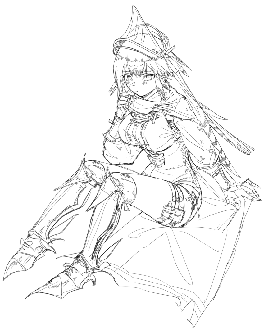 1girl absurdres arknights arm_support armored_boots blush boots breasts closed_mouth fartooth_(arknights) full_body gauntlets greyscale hand_up harukan_tiusu highres knee_boots knees_up large_breasts long_sleeves looking_at_viewer monochrome puffy_long_sleeves puffy_sleeves shirt short_shorts shorts simple_background sitting solo thighs visor_(armor) white_background