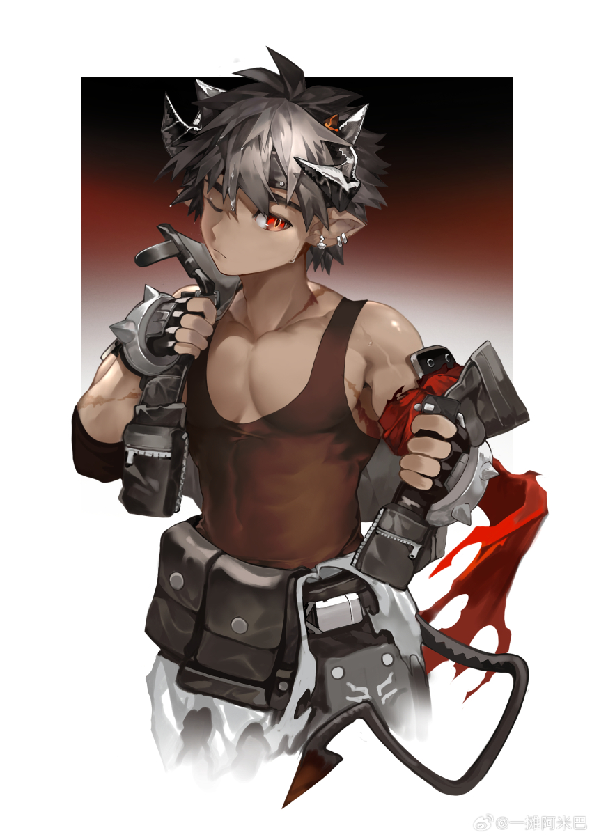 1boy abs absurdres arknights belt_bag black_hair black_shirt black_tank_top chinese_commentary closed_mouth commentary_request demon_boy demon_horns demon_tail highres horns male_focus muscular muscular_male odda_(arknights) one_eye_closed pectorals pointy_ears red_eyes removing_jacket scar scar_on_arm scar_on_neck shirt sleeveless sleeveless_shirt sweat tail tank_top undressing watermark weibo_watermark yi_tan_a_mi_ba