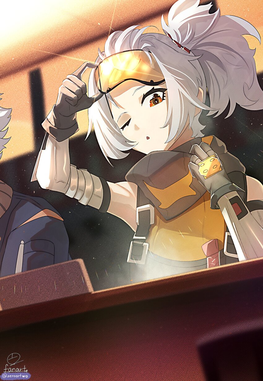 1boy 1girl adjusting_eyewear bare_shoulders black_gloves detached_sleeves gloves goggles highres one_eye_closed one_side_up open_mouth orange-tinted_eyewear orange_eyes soldier_11_(zenless_zone_zero) tinted_eyewear white_hair wise_(zenless_zone_zero) zenless_zone_zero zeroartwo
