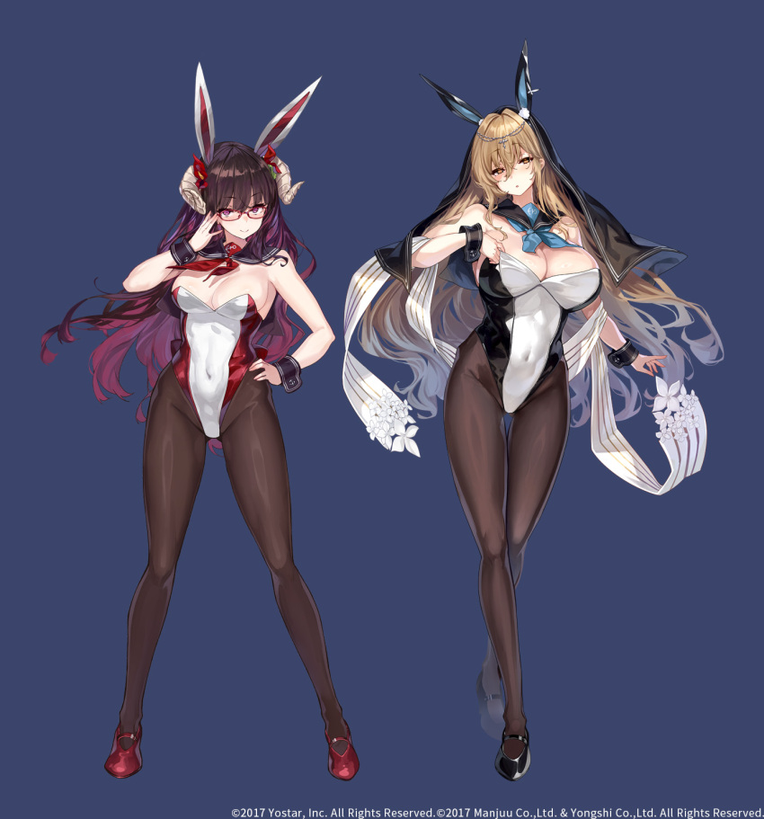 2girls animal_ears azur_lane black_footwear black_hair black_leotard black_pantyhose black_sailor_collar blonde_hair blue_background blue_neckerchief breasts cleavage colored_inner_hair covered_navel fake_animal_ears full_body habit hair_between_eyes hand_on_own_hip highres implacable_(azur_lane) large_breasts leotard multicolored_hair multicolored_leotard multiple_girls neckerchief nun official_art pantyhose parted_lips playboy_bunny purple_hair rabbit_ears red-framed_eyewear red_footwear red_leotard red_neckerchief sailor_collar shiokonbu simple_background smile suruga_(azur_lane) two-tone_leotard white_leotard wrist_cuffs
