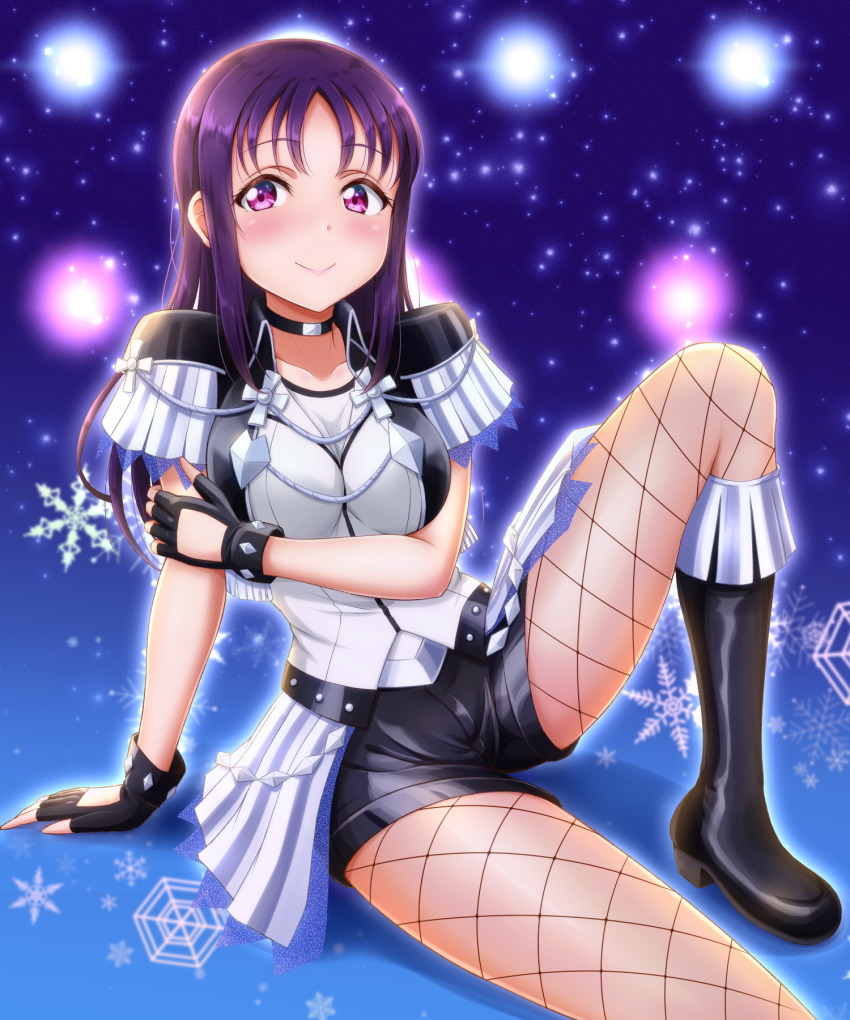 1girl arm_support black_footwear black_gloves black_shorts blue_background blush breasts choker ckst closed_mouth collarbone fingerless_gloves fishnets gloves hair_down highres kazuno_sarah legs long_hair looking_at_viewer love_live! love_live!_sunshine!! medium_breasts pantyhose pink_eyes purple_hair saint_snow short_shorts shorts sitting smile solo