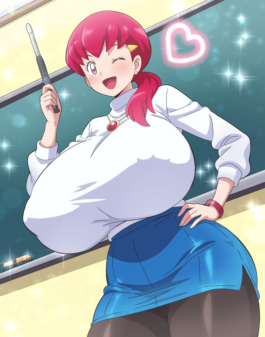 1girl absurdres ai-assisted alternate_breast_size alternate_costume black_pantyhose blue_skirt board_eraser breasts chalkboard commentary_request commission gigantic_breasts hair_ornament hair_over_shoulder hairpin heart highres hitokiwa_kenchin huge_breasts looking_at_viewer medium_hair nintendo one_eye_closed pantyhose pink_eyes pink_hair pixiv_commission pokemon pokemon_hgss revision shirt skirt smile solo white_shirt whitney_(pokemon)