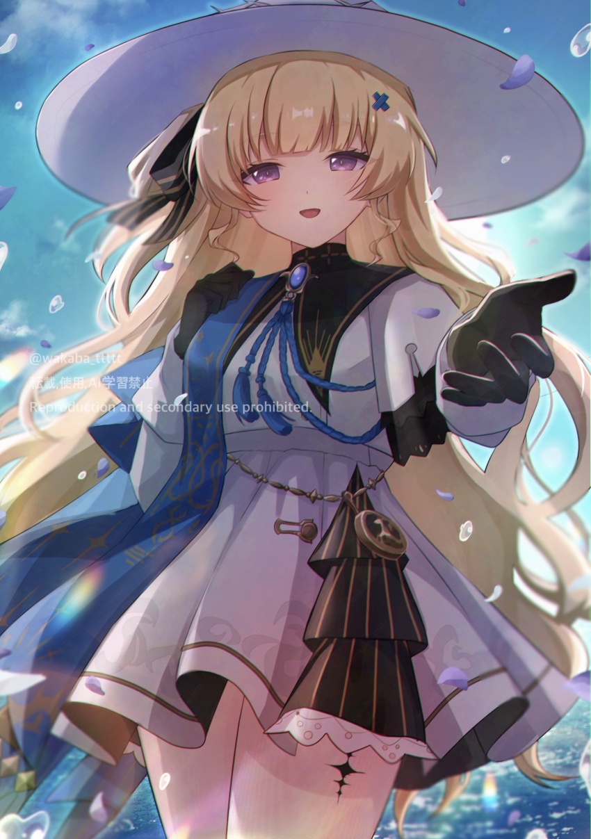 0roshioji3ran 1girl black_bow black_collar black_gloves blonde_hair bow breasts collar commentary_request cowboy_shot dress gloves hair_bow hair_ornament hat highres long_hair looking_at_viewer medium_breasts open_mouth phoebe_(wuthering_waves) purple_eyes reaching reaching_towards_viewer smile solo tacet_mark_(wuthering_waves) very_long_hair white_dress white_hat wuthering_waves x_hair_ornament