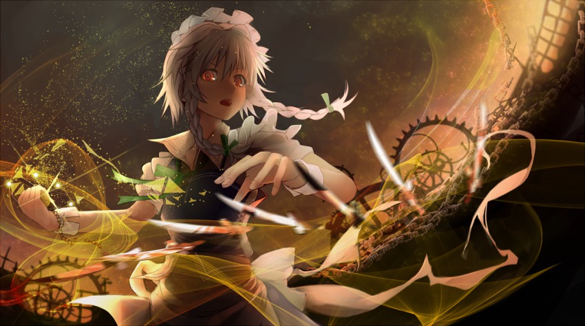 1girl apron bow braid chain dagger female_focus gradient_background hair_bow hair_ornament izayoi_sakuya knife looking_at_viewer looking_down maid_headdress open_mouth pocket_watch puffy_sleeves radiosity_(yousei) red_eyes ribbon shirt short_hair short_sleeves silver_hair skirt solo touhou twin_braids vest waist_apron watch weapon wrist_cuffs