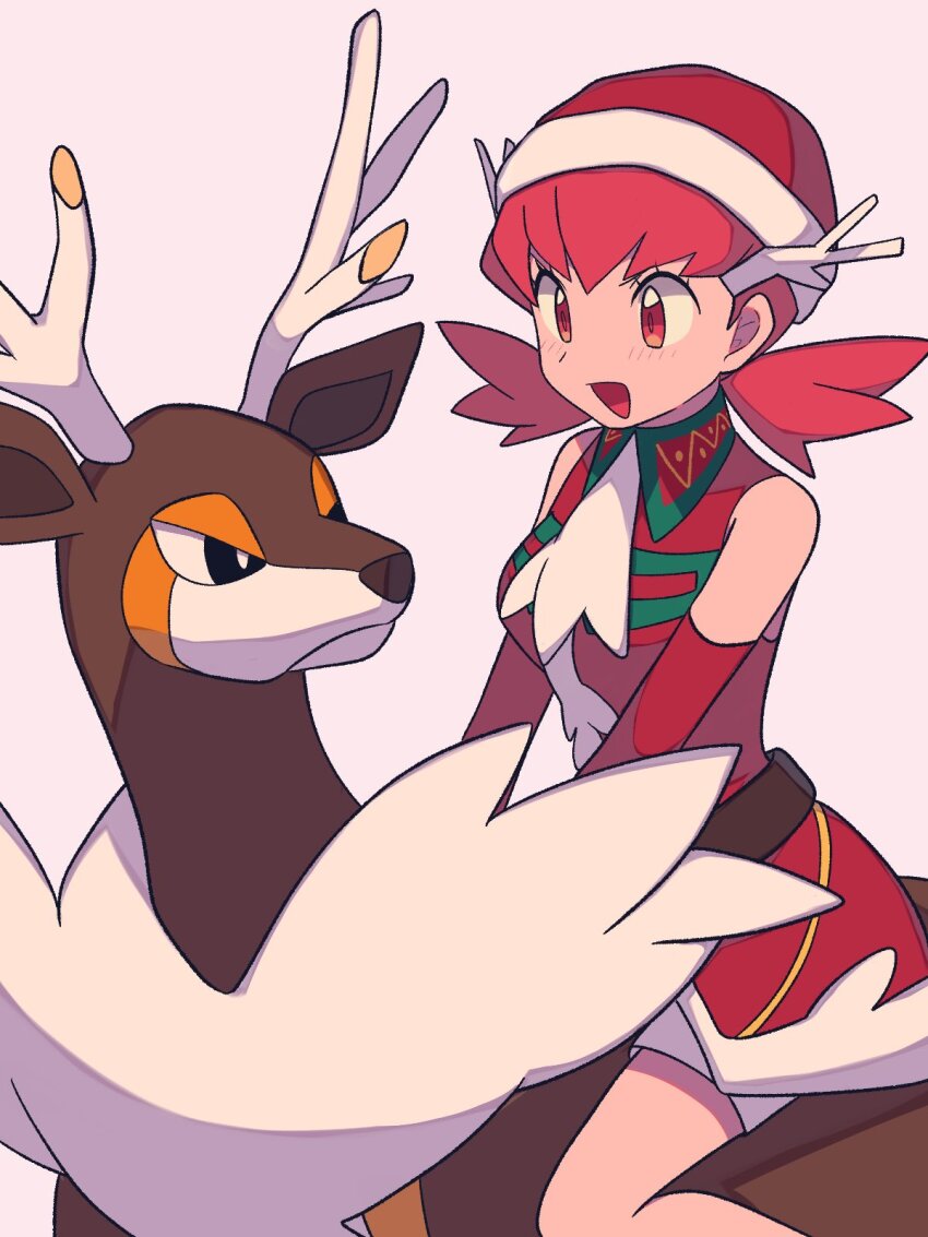 christmas gen_5_pokemon hat highres nintendo pink_hair pokemon pokemon_(creature) pokemon_masters_ex santa_hat sawsbuck sawsbuck_(winter) short_hair sleeveless tyako_089 whitney_(holiday_2022)_(pokemon) whitney_(pokemon)