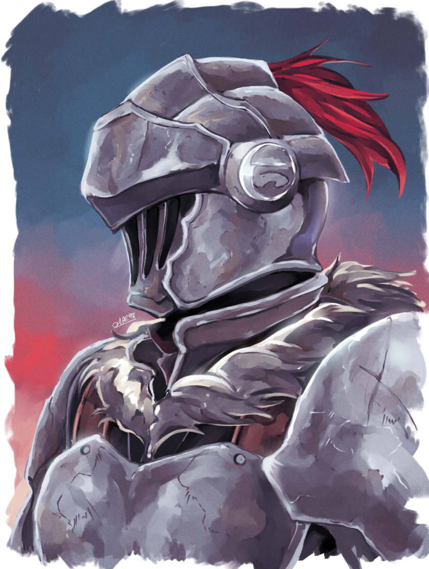 1boy armor atelieredge border breastplate clip_studio_paint_(medium) commentary commentary_request damaged english_commentary goblin_slayer goblin_slayer! grey_background helm helmet highres male_focus mixed-language_commentary red_background solo upper_body white_border