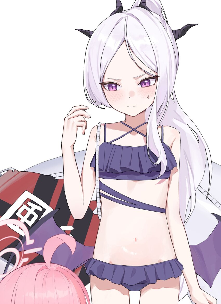 1girl ahoge blue_archive blush demon_girl demon_horns demon_wings flat_chest frills highres hina_(blue_archive) horns innertube kustaru loli long_hair looking_at_viewer navel purple_eyes simple_background standing swim_ring swimsuit white_background white_hair wings