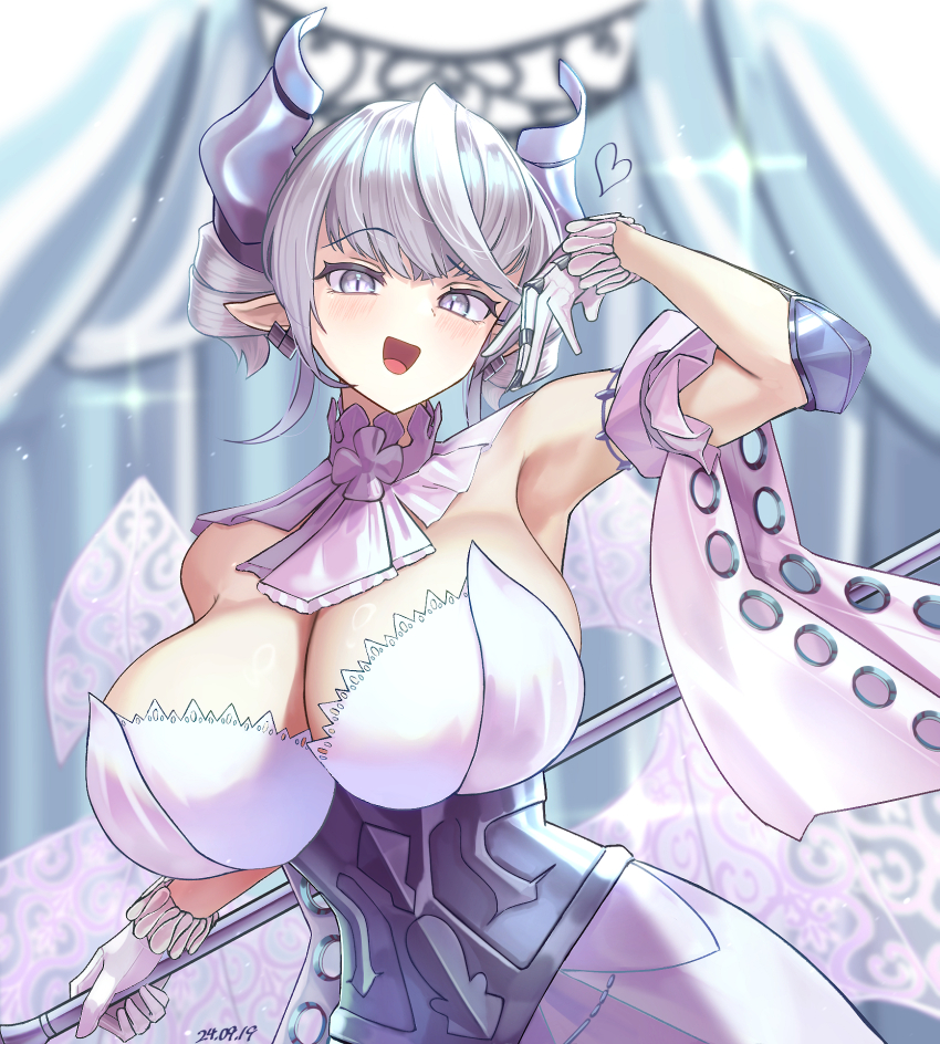 1girl :d arm_up armored_corset armpits breasts cleavage commentary_request curtains demon_girl demon_horns demon_wings detached_collar detached_sleeves duel_monster grey_eyes grey_hair heart highres holding holding_weapon horns huge_breasts looking_at_viewer lovely_labrynth_of_the_silver_castle low_wings open_mouth pointy_ears short_hair smile solo sparkle strapless tongari_kin transparent_wings upper_body weapon wings yu-gi-oh!