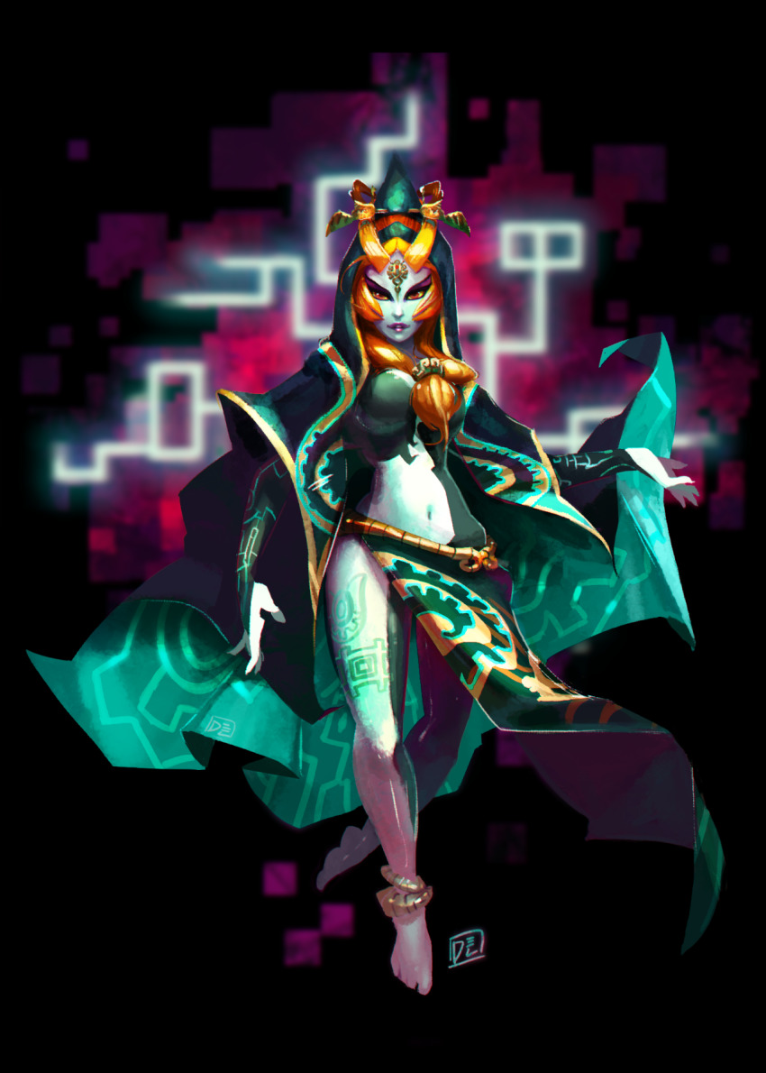 1girl abstract_background anklet barefoot blue_skin breasts cape colored_sclera colored_skin delano-laramie female_focus forehead_jewel green_skin highres hood jewelry midna midna_(true) multicolored_skin navel nintendo orange_hair red_eyes solo the_legend_of_zelda the_legend_of_zelda:_twilight_princess two-tone_skin yellow_sclera