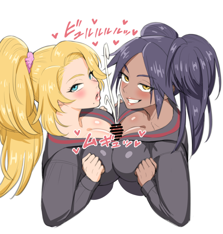 2girls bar_censor bleach bleach:_sennen_kessen-hen blonde_hair blue_eyes breasts censored collarbone cum dark-skinned_female dark_skin ejaculation grin guuerosu gyaru hair_ornament highres large_breasts long_hair matsumoto_rangiku mole mole_under_mouth multiple_girls official_alternate_costume paizuri ponytail purple_hair shihouin_yoruichi shiny_skin side_ponytail simple_background smile strawberry_blonde teeth upper_body white_background yellow_eyes