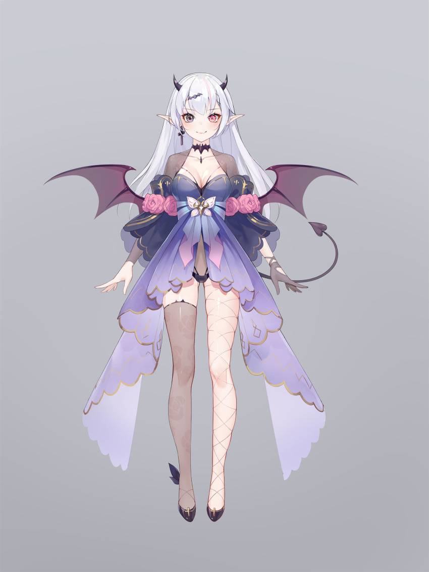 absurdres alice_lian_proud artist_request asymmetrical_legwear asymmetrical_sleeves bat_hair_ornament black_choker black_footwear black_horns black_thighhighs blue_dress breasts center_opening choker cleavage collarbone cross cross_earrings demon_girl demon_horns demon_tail demon_wings detached_sleeves dress earrings fang fishnet_pantyhose fishnets floating_earring flower full_body gloves gluteal_fold gold_trim hair_ornament heterochromia highres horns jewelry large_breasts light_blush long_dress long_hair looking_at_viewer mio_hana mismatched_legwear mismatched_pupils multicolored_hair pantyhose pendant_choker pentagram pink_flower pink_rose pointy_ears purple_eyes purple_tail purple_wings red_eyes rose see-through_clothes see-through_gloves see-through_legwear see-through_shrug shrug_(clothing) simple_background single_earring single_glove single_leg_pantyhose single_thighhigh skin_fang smile star-shaped_pupils star_(symbol) strapless strapless_dress streaked_hair symbol-shaped_pupils tachi-e tail thighhighs uneven_sleeves virtual_youtuber white_hair wings