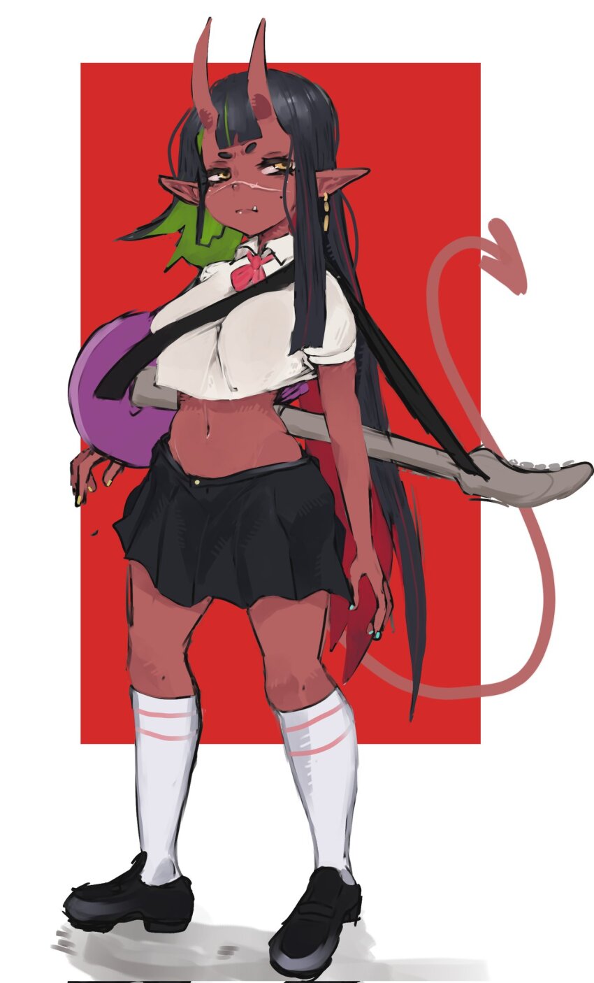1girl between_breasts black_hair black_shoes black_skirt blue_nails bow bowtie breasts closed_mouth collared_shirt colored_inner_hair colored_skin commentary crop_top demon_girl demon_horns demon_tail earrings electric_guitar english_commentary fingernails full_body green_hair guitar highres horns instrument jewelry loafers long_hair looking_at_viewer medium_breasts midriff multicolored_hair navel original pointy_ears red_background red_bow red_bowtie red_hair red_skin scar scar_on_face scar_on_nose shirt shoes simple_background skin-covered_horns skirt socks solo standing strap_between_breasts tail thick_eyebrows two-tone_background v-shaped_eyebrows weeze white_background white_shirt white_socks