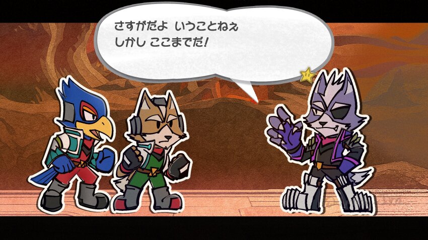 3boys animal_ears beak bird_boy black_pants black_shirt blue_feathers brown_fur claws closed_mouth commentary_request dutch_ira eyepatch falco_lombardi fang fang_out feathers fingerless_gloves fox_boy fox_ears fox_mccloud fox_tail furry furry_male gloves green_pants green_shirt grey_fur hand_in_pocket highres jacket looking_at_another male_focus mario_(series) multiple_boys nintendo one_eye_covered open_mouth pants paper_mario purple_vest red_pants red_shirt shirt smile speech_bubble star_fox super_smash_bros. tail translation_request vest white_jacket wolf_boy wolf_ears wolf_o&#039;donnell wolf_tail