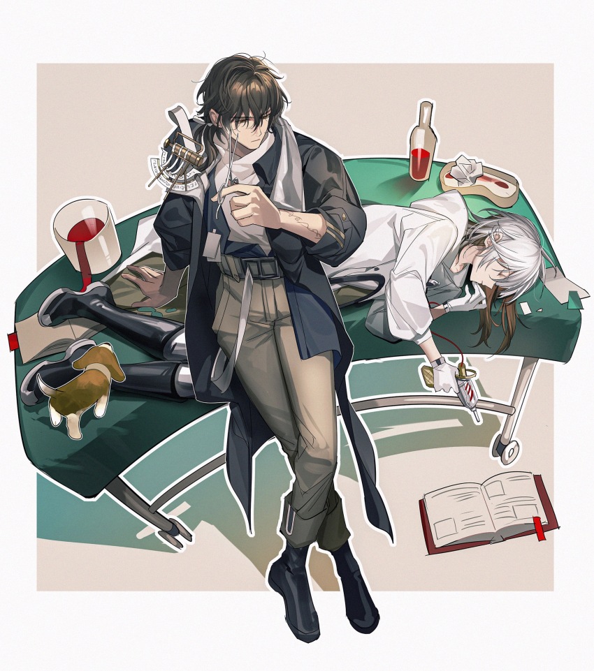 1boy 1other androgynous arm_support arm_tattoo asymmetrical_sidelocks beagle black_boots black_coat bodysuit book bookmark boots border bottle brown_eyes brown_hair brown_pants chinese_commentary closed_eyes closed_mouth coat colored_inner_hair commentary_request crossed_legs crumpled_paper dog enigma_(reverse:1999) film_grain from_above full_body gloves grey_bodysuit hair_between_eyes hair_down hair_ribbon high-waist_pants highres holding holding_scissors hood hood_down hooded_coat leaning_on_object long_sleeves looking_at_another medicine_pocket messy_hair multicolored_hair open_book open_clothes open_coat operating_table outline outside_border pants pienahenggou ponytail reverse:1999 ribbon scissors shirt simple_background sleeping standing surgical_scissors table tattoo two-tone_hair typewriter white_border white_coat white_gloves white_outline white_ribbon white_shirt