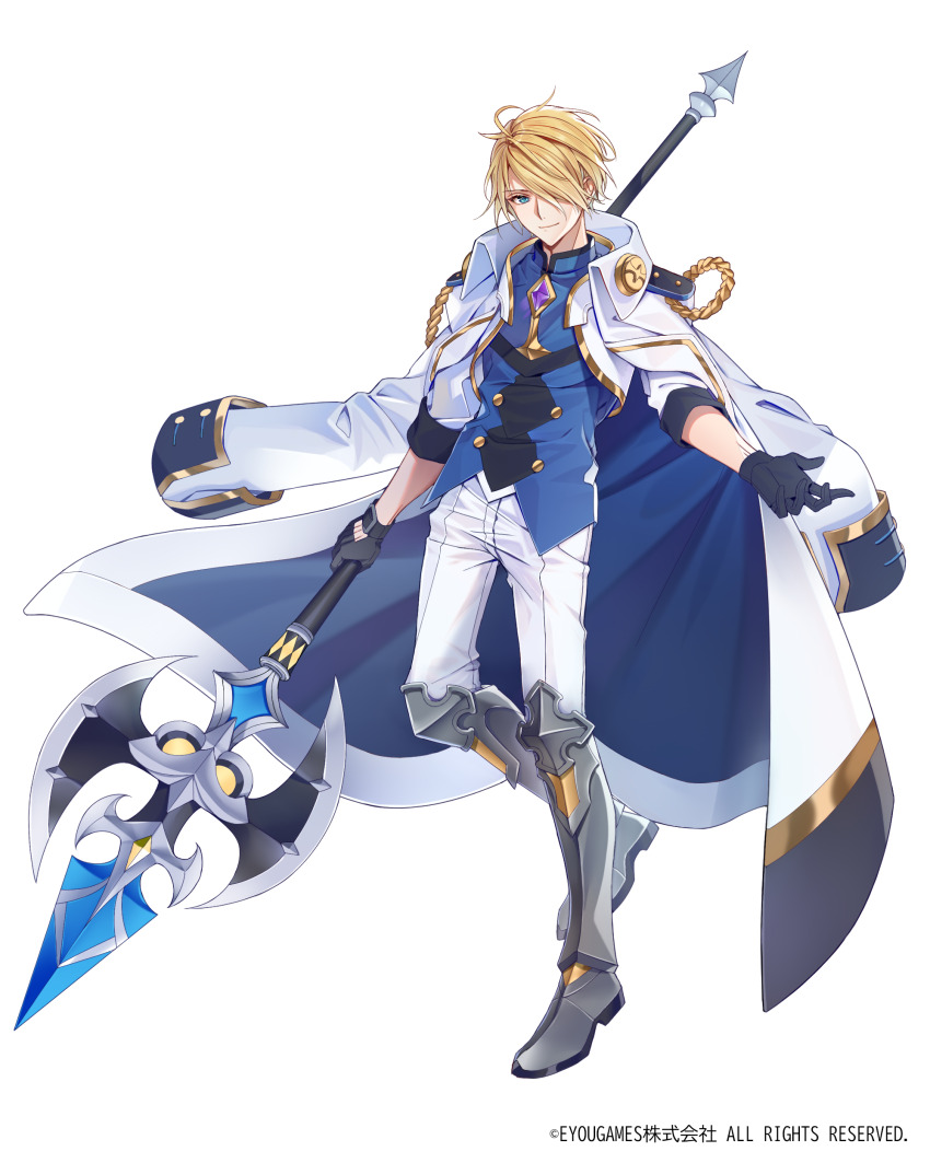 1boy absurdres aiguillette arm_at_side armor armored_boots beckoning black_gloves blonde_hair blue_coat blue_eyes blue_shirt boots brooch chano_hinano closed_mouth coat coat_on_shoulders collared_coat copyright_notice cowlick cropped_jacket full_body gem glove_cutout gloves gold_trim greaves hair_over_one_eye halberd highres holding holding_polearm holding_weapon jacket jewelry last_etoile looking_at_viewer male_focus official_art one_eye_covered open_clothes open_jacket pants polearm poleyn print_shirt purple_gemstone shirt short_hair simple_background smile solo standing three-quarter_sleeves two-sided_coat two-sided_fabric weapon white_background white_coat white_jacket white_pants