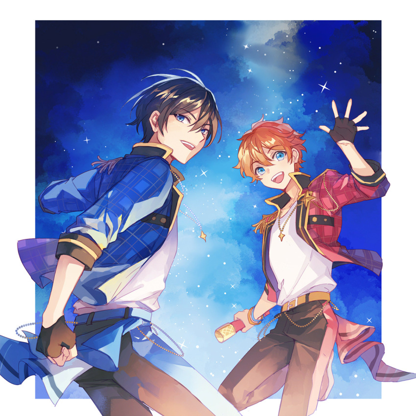 2boys akehoshi_subaru arm_up belt black_gloves black_hair blue_belt blue_eyes blue_jacket border clenched_hand commentary ensemble_stars! feng_you fingerless_gloves gloves hair_between_eyes hidaka_hokuto highres holding holding_microphone jacket looking_at_viewer microphone multiple_boys night night_sky open_mouth orange_belt orange_hair red_jacket shirt shirt_tucked_in short_hair single_fingerless_glove sky smile standing standing_on_one_leg symbol-only_commentary teeth upper_teeth_only waving white_border white_shirt