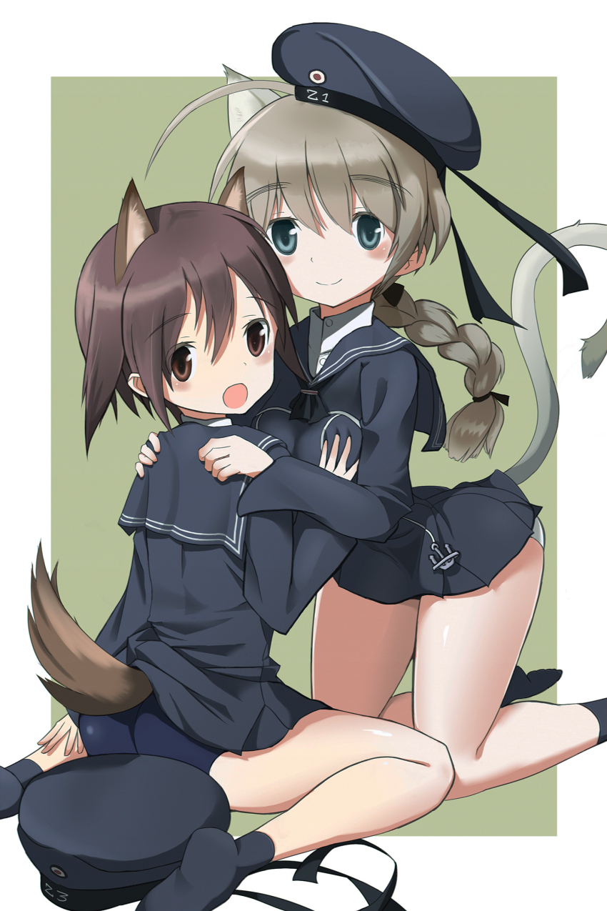 alternate_costume animal_ears bkf3110 brown_eyes brown_hair cat_ears cat_tail cosplay dog_ears dog_tail dress hand_on_another&#039;s_chest hand_on_another&#039;s_shoulder hat highres kantai_collection long_hair lynette_bishop miyafuji_yoshika panties sailor sailor_collar sailor_dress sailor_hat school_swimsuit short_hair socks strike_witches swimsuit swimsuit_under_clothes tail underwear unworn_hat unworn_headwear world_witches_series yuri z1_leberecht_maass_(kancolle) z1_leberecht_maass_(kancolle)_(cosplay) z3_max_schultz_(kancolle) z3_max_schultz_(kancolle)_(cosplay)