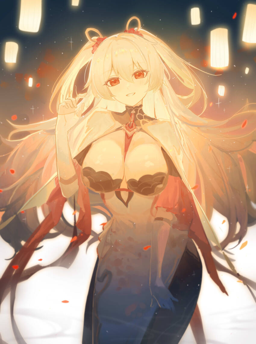 1girl absurdres breasts cleavage commentary dress english_commentary highres honkai_(series) honkai_impact_3rd lantern large_breasts long_hair night night_sky official_alternate_costume paper_lantern parted_lips pmg red_eyes sky sky_lantern smile solo theresa_apocalypse theresa_apocalypse_(luna_kindred) theresa_apocalypse_(lunar_vow:_crimson_love) theresa_apocalypse_(redolent_in_red) twintails white_dress white_hair