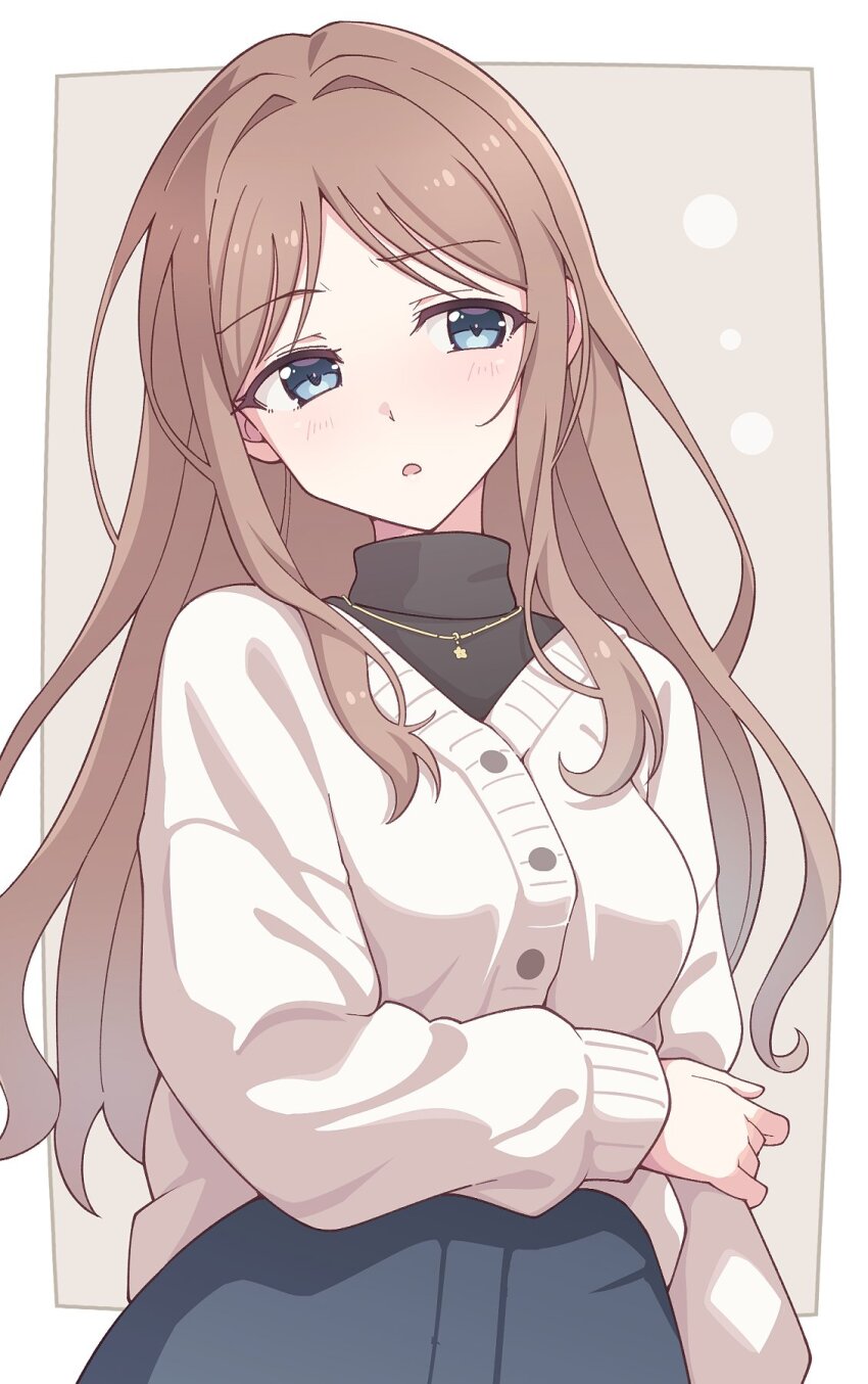 1girl bang_dream! bang_dream!_it&#039;s_mygo!!!!! black_sweater blue_eyes blush border brown_background brown_hair cardigan commentary e20 highres jewelry long_hair long_sleeves nagasaki_soyo necklace open_mouth outside_border sidelocks solo sweater white_border white_cardigan